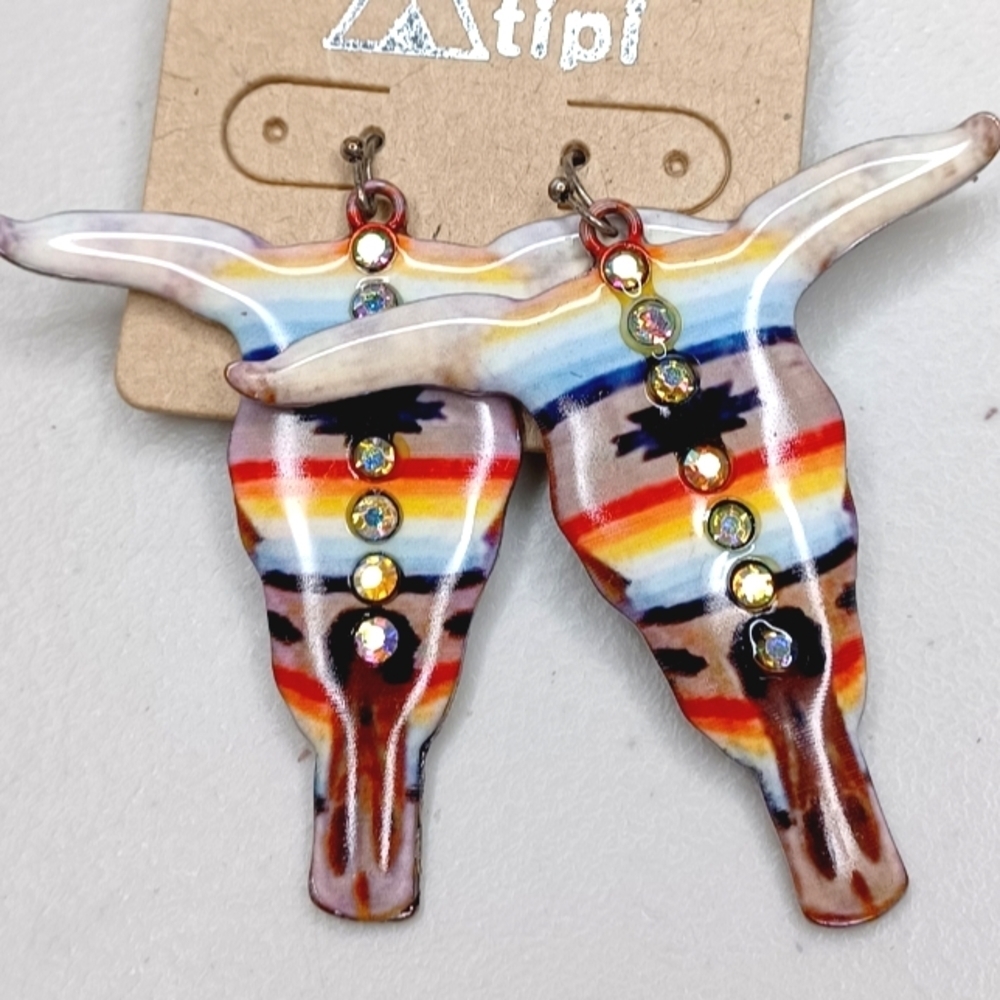 Boho Aztec Steer Cow Skull Longhorn Earrings - Picture 2 of 6